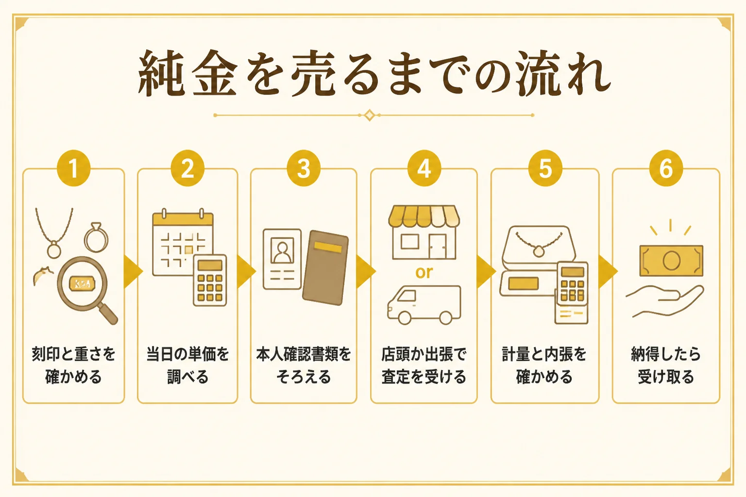 純金を売るまでの6つのステップを示した図解